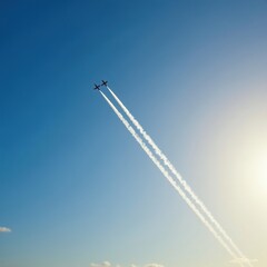 Contrails stretching across the clear blue horizon as airplanes fly by, aircraft engines, atmospheric conditions, flight path