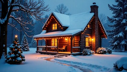 Obraz premium Cozy cottage with snowy roof and warm Christmas lights, rustic charm, warm ambiance