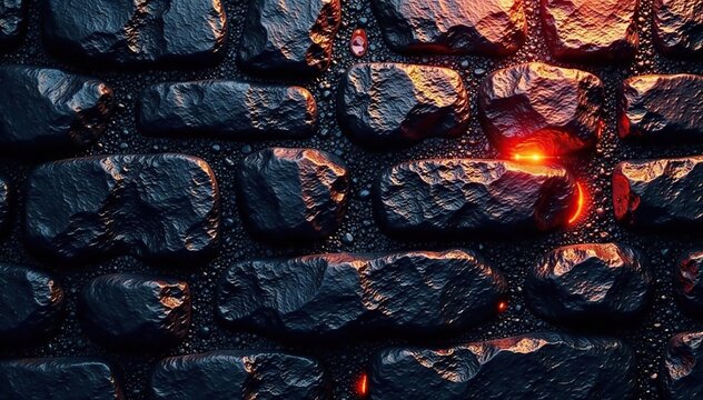 Lava stone wall with a unique glassy appearance, shiny, dark, glassy