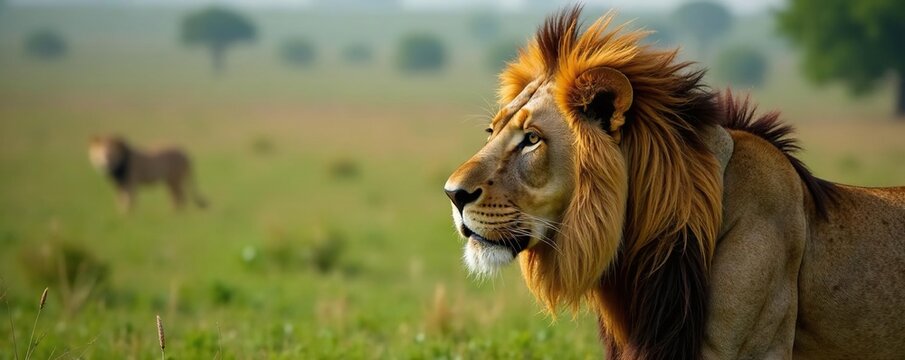 Lion's mane wet and bedraggled from the rain as it surveys its surroundings, savannah, wildlife, landscape