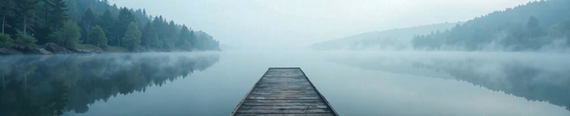 Fototapeta premium Misty lake reflects the peaceful atmosphere of a solitary wooden dock, natural wonder, calm water