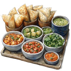Watercolor Painting of a Delicious Selection of Mexican Dips and Snacks, Served on a Wooden Tray.