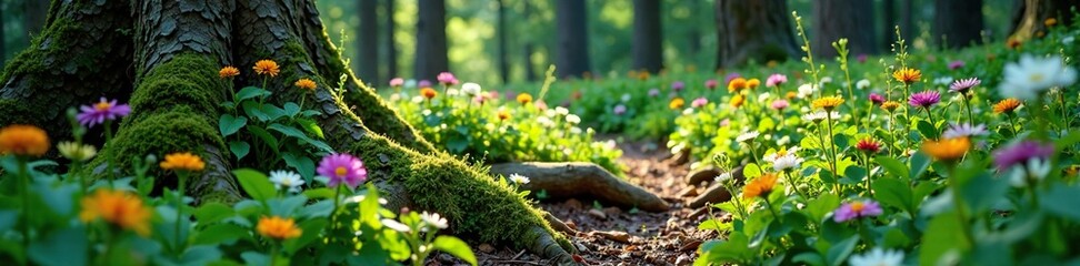 Dense forest floor covered with a variety of wildflowers, tree roots, ground flowers