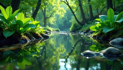 Dense aquatic plant life surrounds the river's calm surface, water, nature