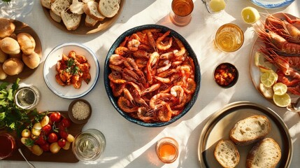 Fototapeta premium Spanish Mediterranean cuisine. View to table with different seafood dishes, tapas and fresh bread