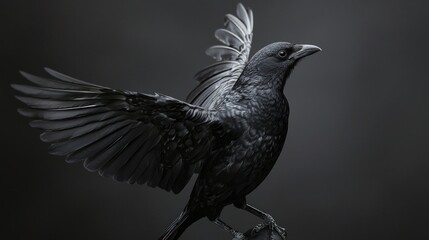 Fototapeta premium Majestic Black Bird in Flight with Detailed Feather Texture Against a Dark Background