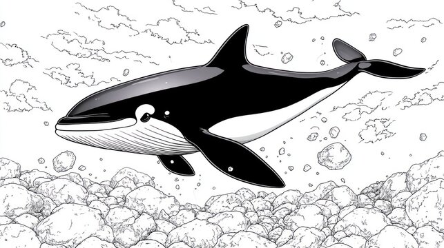Whimsical Whale Leaping Over Rocks - Children's Coloring Book Page