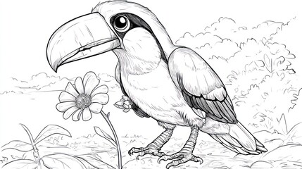 Obraz premium Curious Toucan with Flower: Children's Coloring Book Page