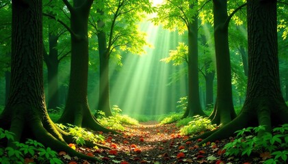 Forest floor with green radial background and fallen branches, radial, leaves