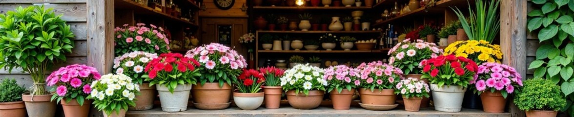 Rustic flower shop with overflowing baskets and colorful blooms, flowers, arrangements,