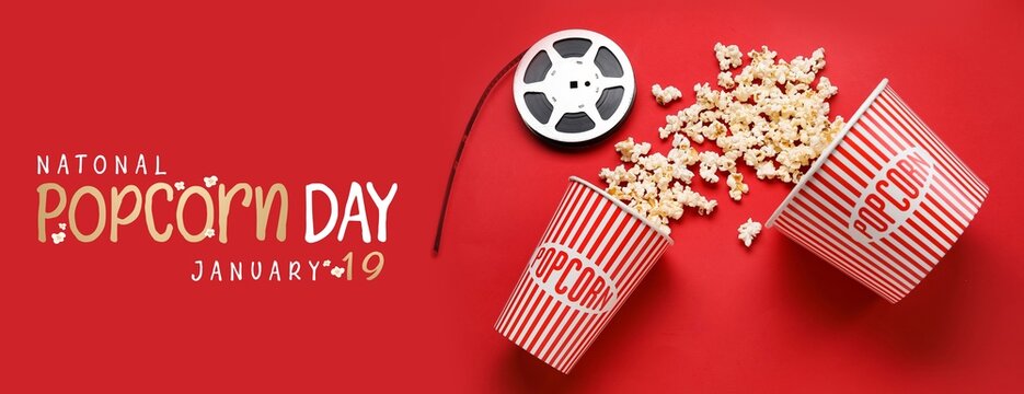 Buckets with tasty popcorn and film reel on red background. Banner for National Popcorn Day