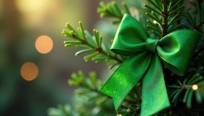 Shiny green bow tied around a whimsical willow branch Christmas tree with soft focus effect, magical ambiance, soft focus, whimsical