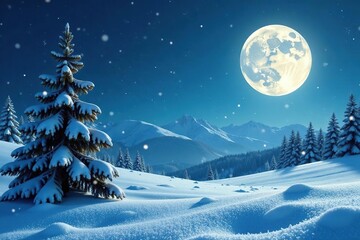 Fototapeta premium Snowflakes gently falling on the serene winter landscape under a full moon shining bright in the frosty sky, frosted pine tree, glistening snow