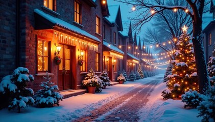 Fototapeta premium Icicles and sparkling lights in a festive courtyard, , sparkling lights