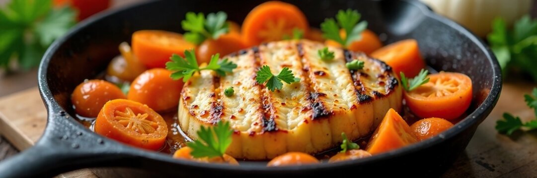 Grilled cupim with roasted carrots and onions in a cast-iron pan, comida,