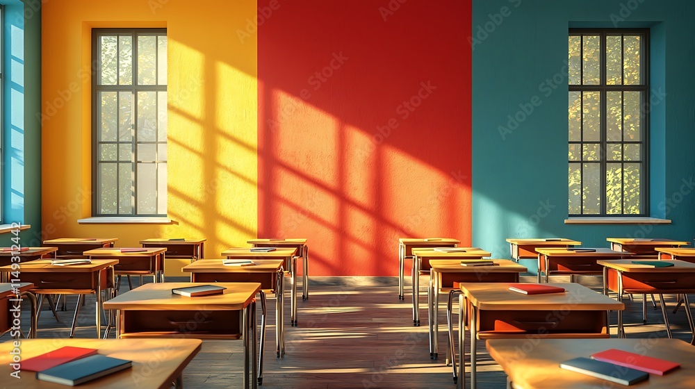 Poster sunlit classroom with colorful walls and student desks.