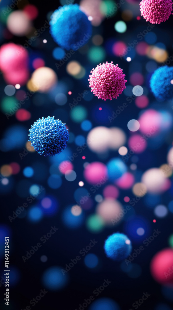 Poster norovirus covid virus prevention. colorful abstract spheres float in a dark background, creating a v