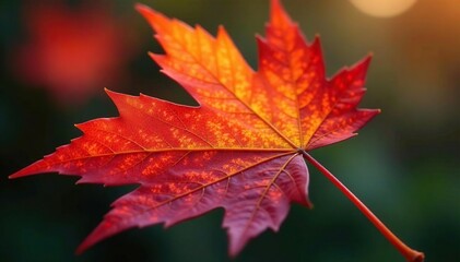 Fototapeta premium Macro shot of a single maple leaf with intricate details and veins, leaf closeup, texture