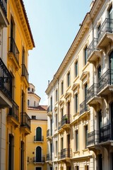 Tall white and yellow buildings with intricate stone carvings and ornate balconies, ornate, yellow, tall buildings