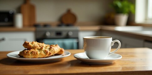 Mug of black coffee on a kitchen table with a plate of biscotti nearby, kitchen table, beverage, home