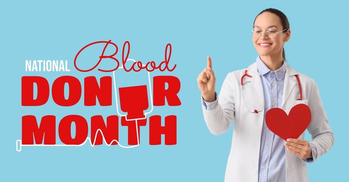 Female doctor with paper heart on light blue background. Banner for National Blood Donor Month - Powered by Adobe