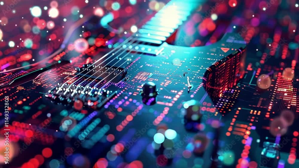 Aufkleber big data visualized as colorful lights and circuits flowing from an electric guitar, creating a vibr