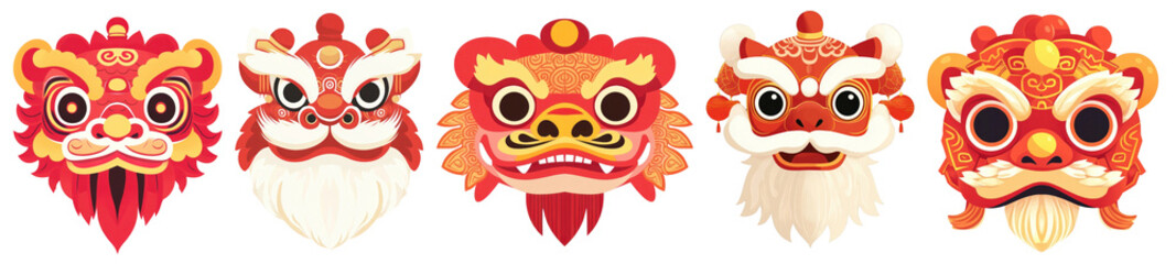 Obraz premium PNG Vibrant traditional lion masks, element set on transparent background