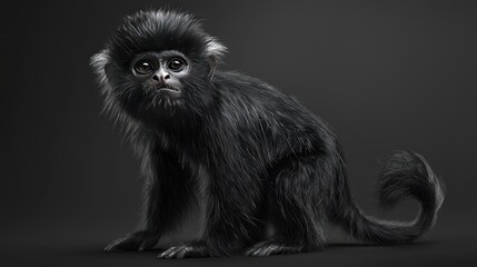 Fototapeta premium Detailed Portrait of a Full-Body Monkey with Distinctive Black Fur and Expressive Face on a Dark Background