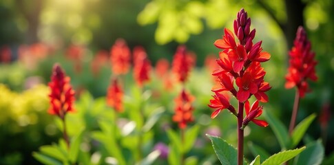 Red Lychnis flowers in a garden with greenery and sunlight, gardens, garden scene