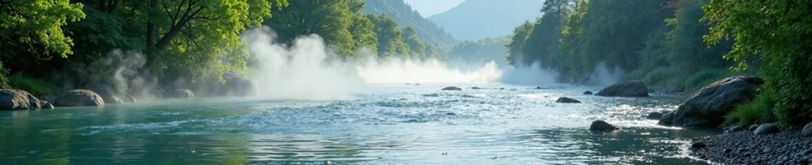 Fototapeta premium River landscape with white water splashing and mist rising from the surface, landscape, mist, outdoor scenery