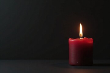 Single wax candle on minimalist black background, simplicity, flame