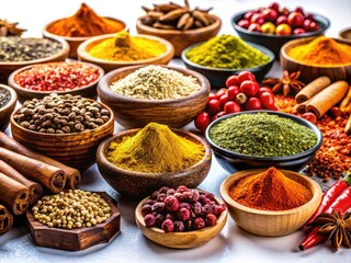 Candid Spice Collection Photography: Vibrant Spices Isolated on White Background