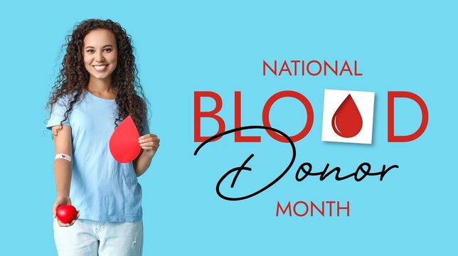 Young African-American woman with medical patch, paper drop and heart on light blue background. Banner for National Blood Donor Month