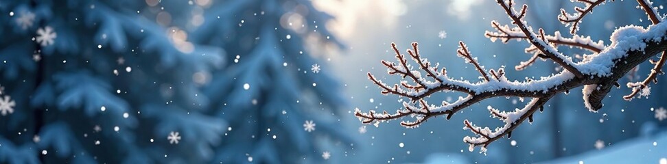 Snowflakes fall in a swirling dance around the frosty branches of a bare tree, snowflakes, tree