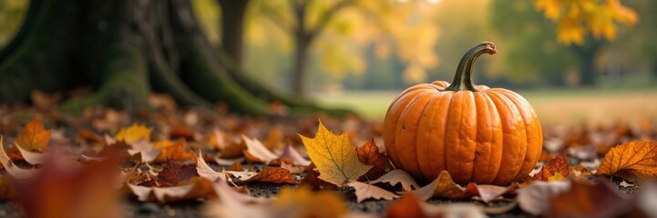 A single pumpkin with large, colorful leaves resting on the ground under a tree, rustic landscape, fallen leaf