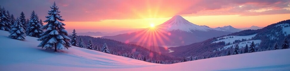 Snowy landscape at sunset with trees, hills, and a distant mountain range, calm, peaceful