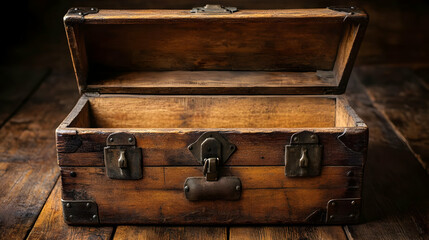 A vintage wooden chest with an open lid, showcasing its interior space.
