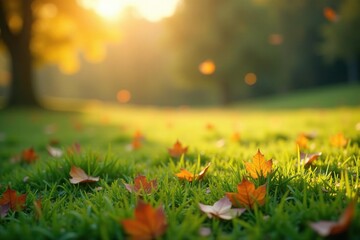 Soft focus landscape with flying grass cuttings, floating debris, landscape, autumnal atmosphere