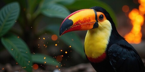 Naklejka premium A toucan looks directly at the camera with a fiery blaze in the background, sparks, flames