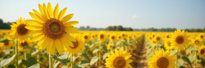 Sunflower plants with fully ripe yellow flowers in a dry and dry field, autumn landscape, mature crop, golden wheat