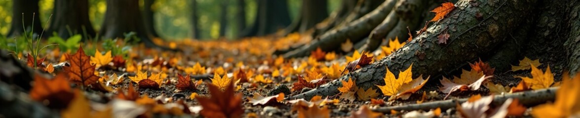 Brown and yellow leaves scattered on the forest floor amidst tree roots, yellow leaves, tree roots