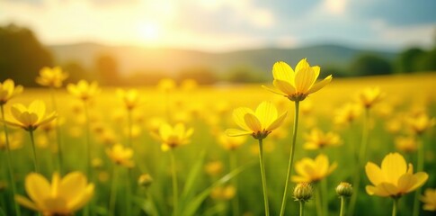 Fototapeta premium Sunlit field of bright yellow flowers with gentle breeze rustling their petals, wheat, landscape, natural