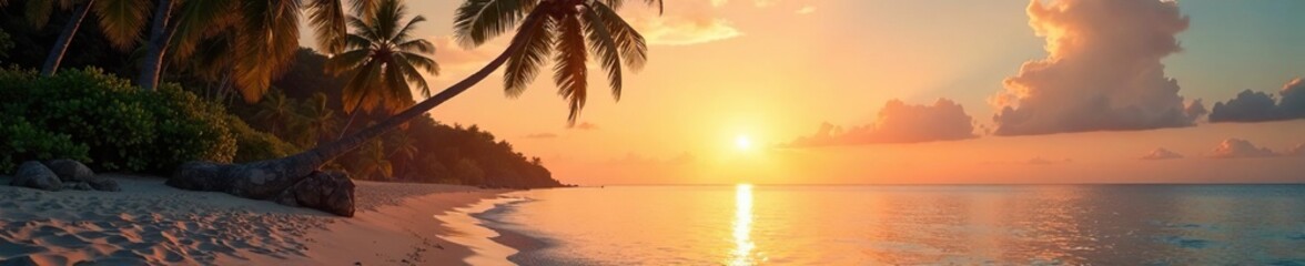 The serene and idyllic scene of palm trees on a tranquil sea at sunset, warm sand, calm waters, natural scenery