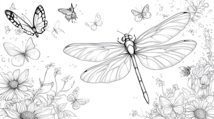 Fototapeta premium Curious Cartoon Dragonfly Chasing Butterflies - Children's Coloring Book Page