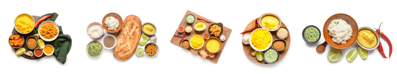 Set of traditional Indian food on white background, top view