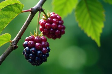Dark purple mulberry fruit hanging from a tree branch, tree branches, fruit
