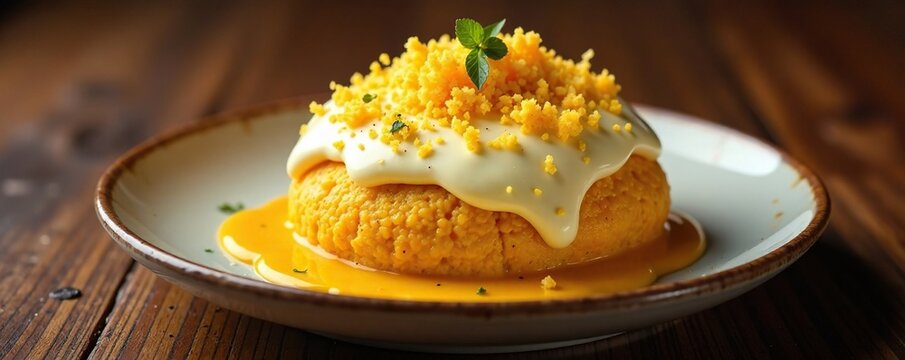 Un bao relleno de setas cubiertos con una capa de crema de yema de huevo y trozos de trufa en un suelo cubierto de granizo,, crema, trufa