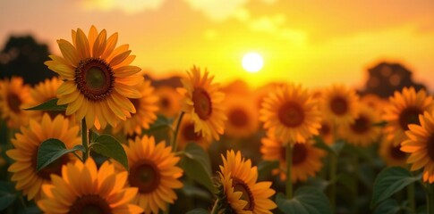 Obraz premium Warm orange tones on a field of tall sunflowers at sunrise, golden light, sunrise