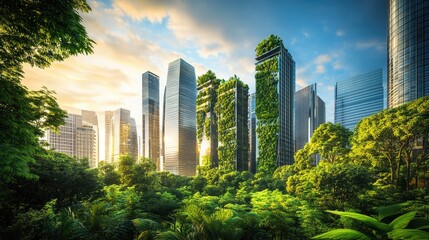 Fototapeta premium Spectacular eco-futuristic cityscape ESG concept full with greenery, skyscrapers, parks, and other manmade green spaces in urban area. Green garden in modern city. Digital art 3D illustration.