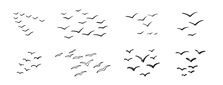 Birds flying line in the sky set. Ink grunge flock of birds afar brush hand drawn. markers and crayons